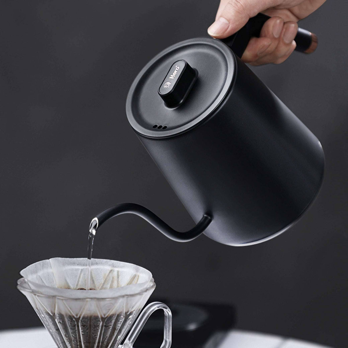 zeroHero WuMing electric gooseneck kettle in black on its base, side view
