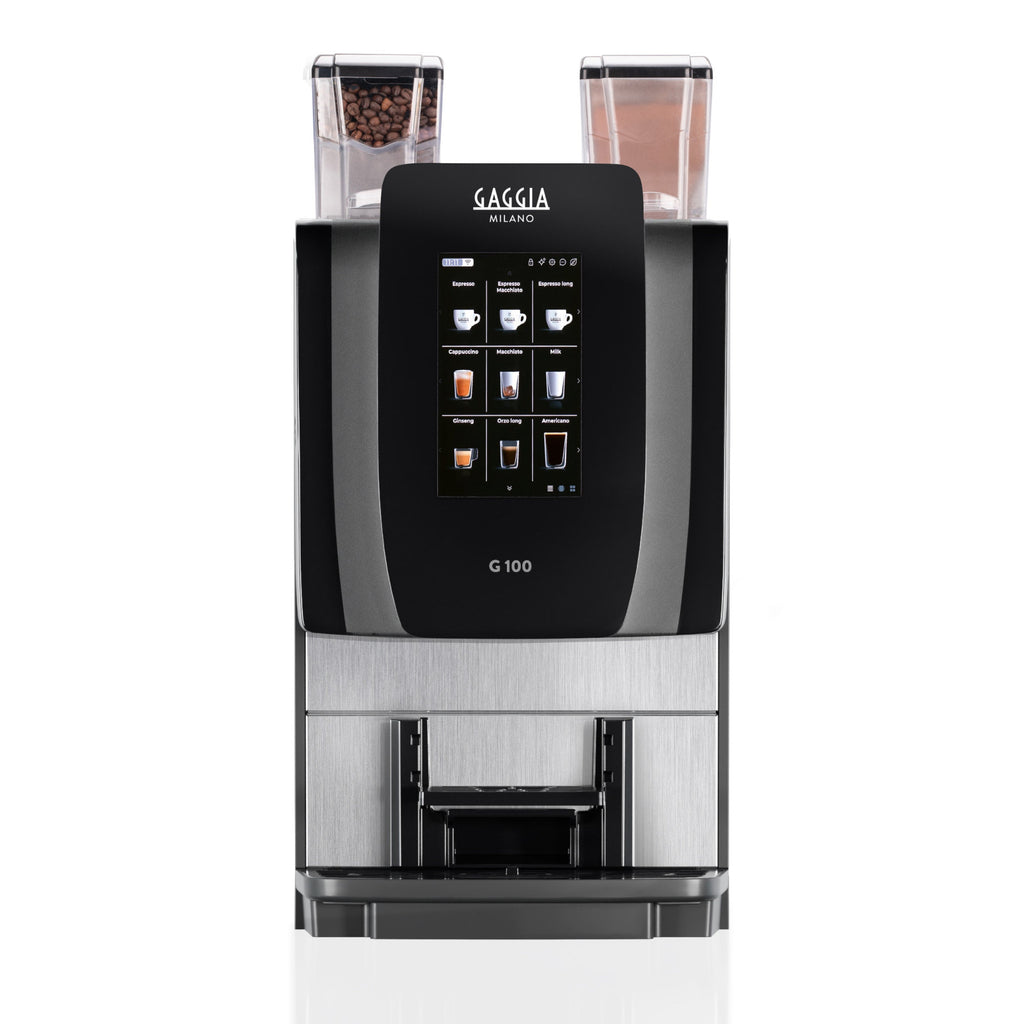 Gaggia G 100 fully automatic coffee machine, front view with a latte macchiato