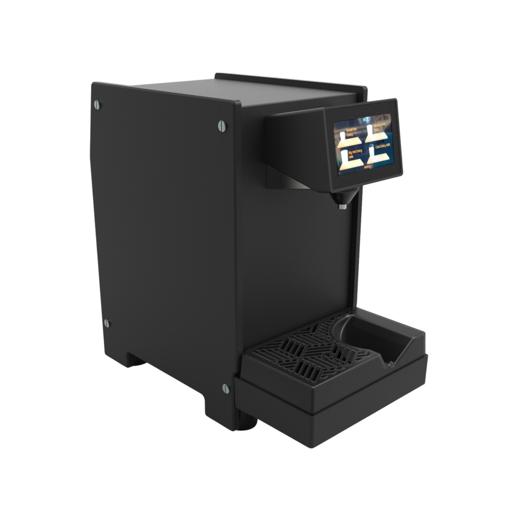 Heylo Milky induction milk unit in black with steel milk jug, angled view
