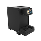 Heylo Milky induction milk unit in black with steel milk jug, angled view