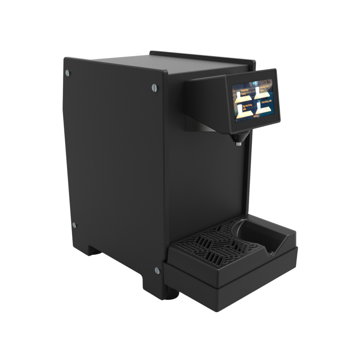 Heylo Milky induction milk unit in black with steel milk jug, angled view