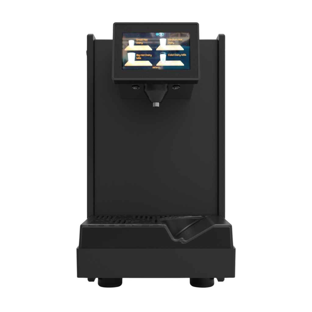 Heylo Milky induction milk unit in black with steel milk jug, angled view
