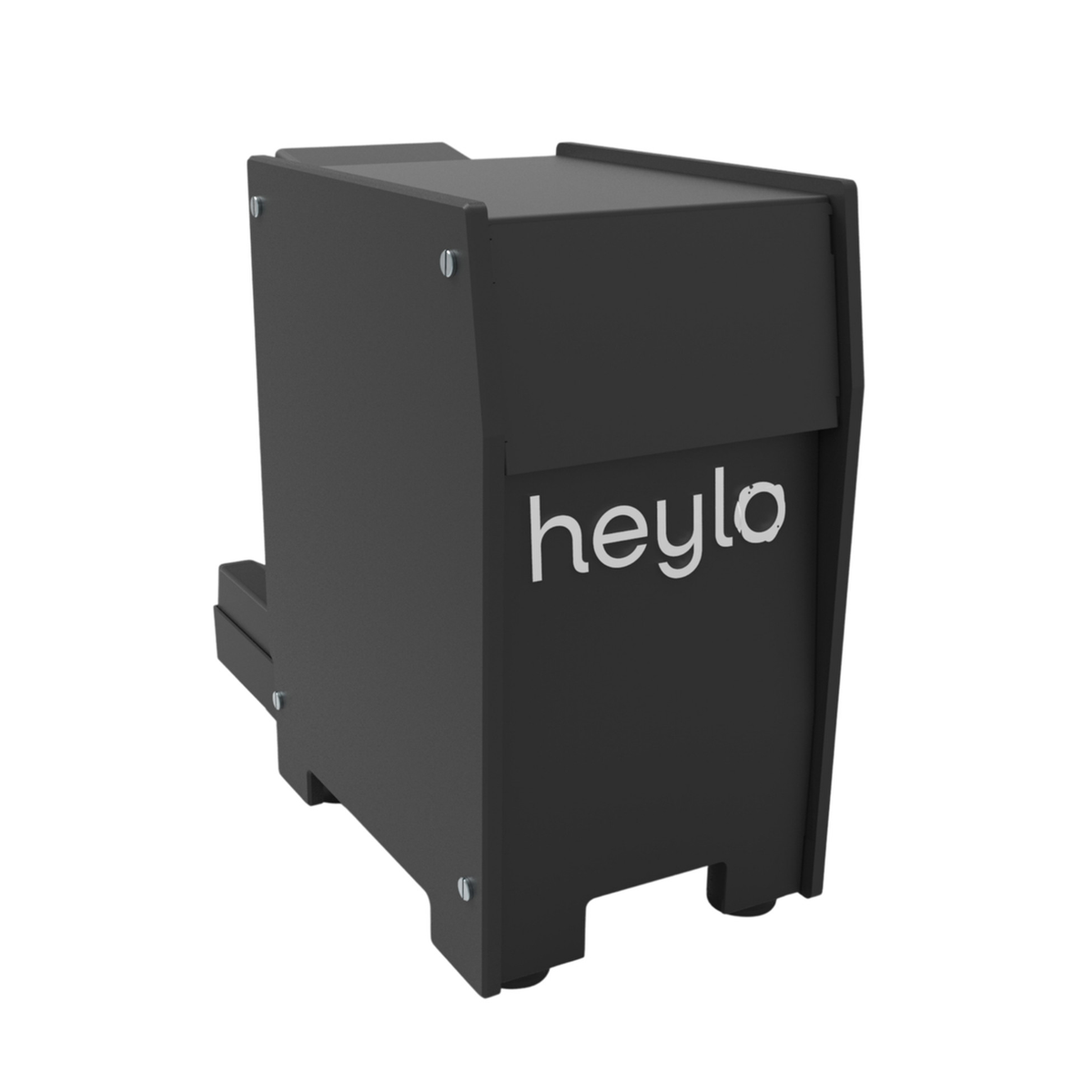Heylo Milky induction milk unit in black with steel milk jug, angled view
