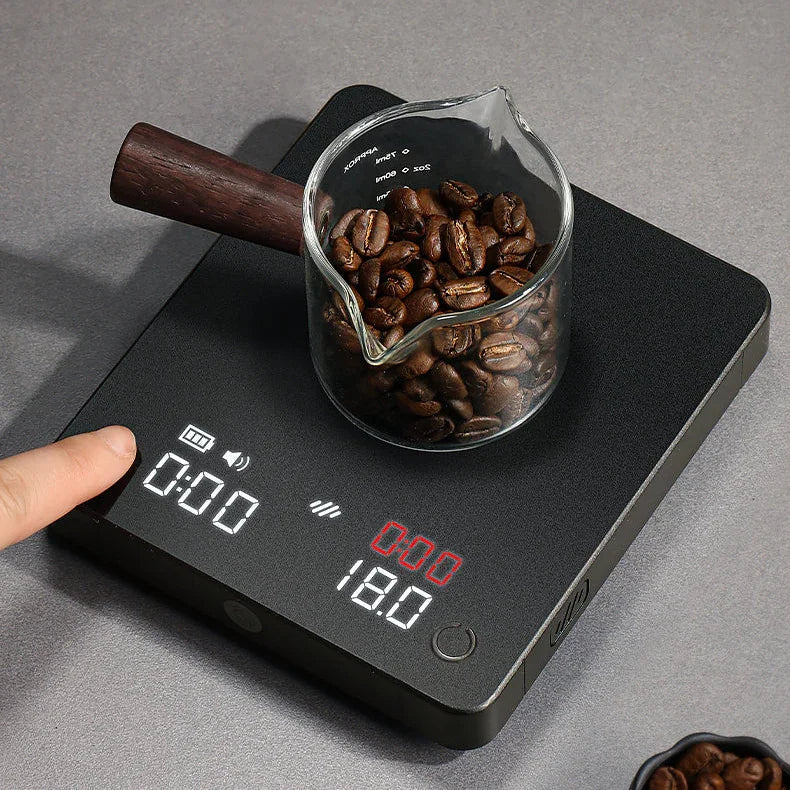 zeroHero Mini Smart Coffee Scale in black, angled view