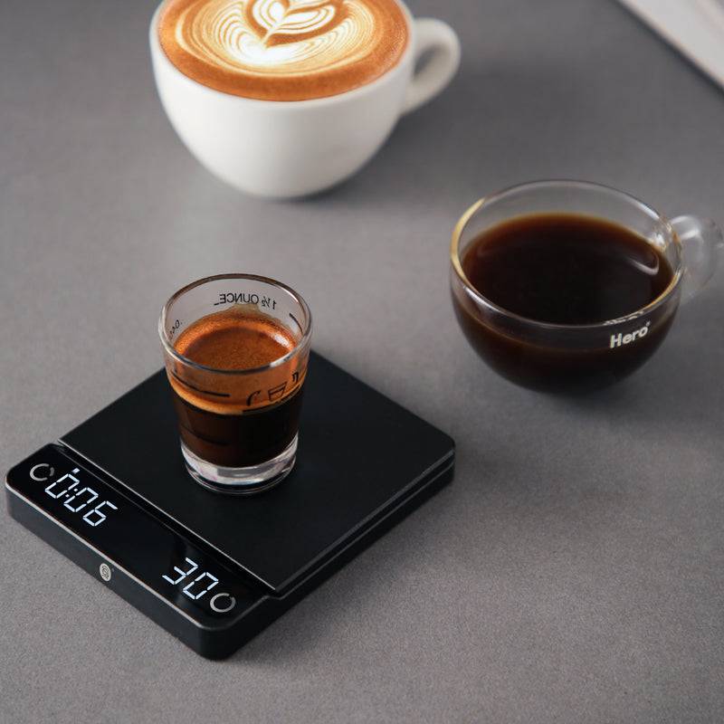 zeroHero E-Smart Compact Coffee Scale in black, angled view
