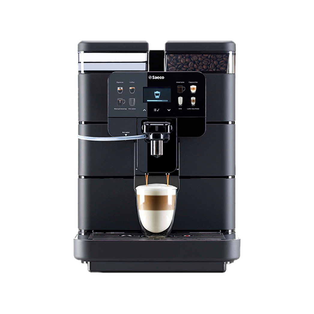 Saeco Royal OTC compact bean-to-cup coffee machine, front view with a cappuccino