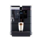 Saeco Royal Plus compact bean-to-cup coffee machine, front view with a latte macchiato