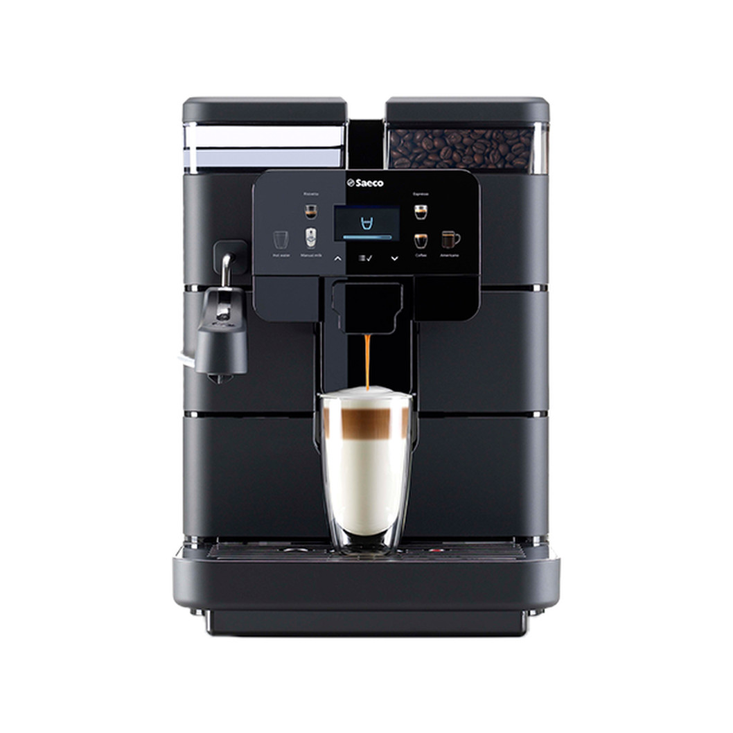 Saeco Royal Plus compact bean-to-cup coffee machine, front view with a latte macchiato
