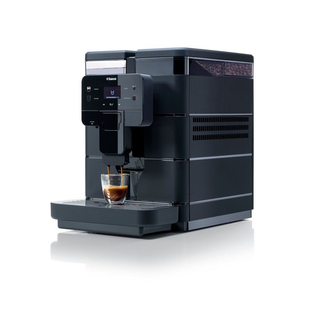 Saeco Royal Black compact bean-to-cup coffee machine, front view with an espresso