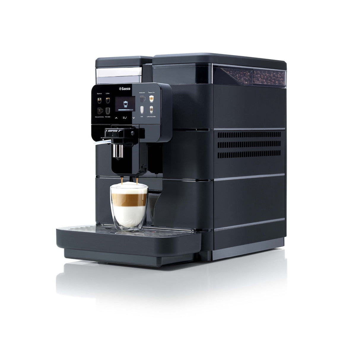 Saeco Royal OTC compact bean-to-cup coffee machine, front view with a cappuccino