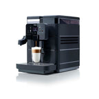 Saeco Royal Plus compact bean-to-cup coffee machine, front view with a latte macchiato