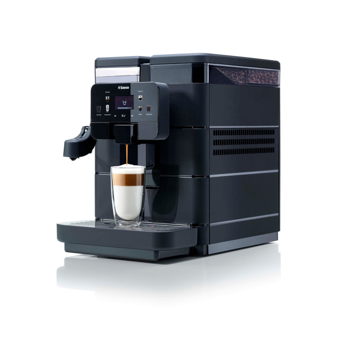 Saeco Royal Plus compact bean-to-cup coffee machine, front view with a latte macchiato