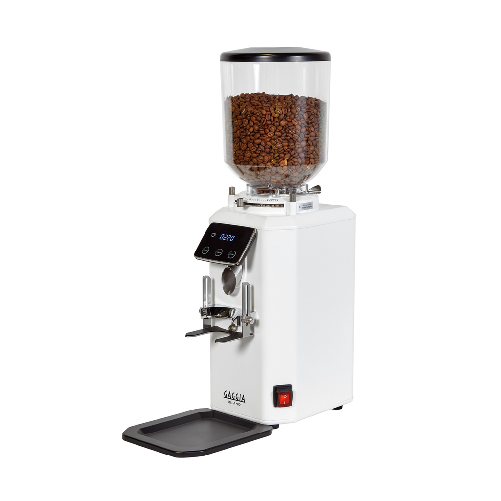 Gaggia G6 coffee grinder in white, front view