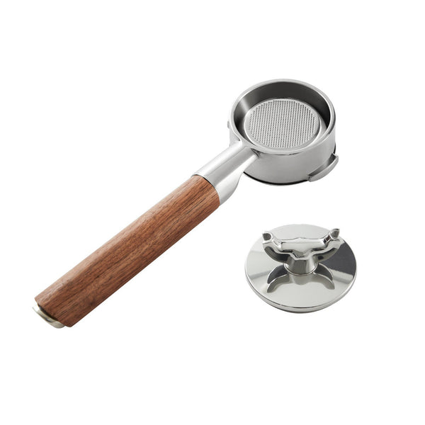 zeroHero 58 mm Double Spout Portafilter in stainless steel with walnut handle
