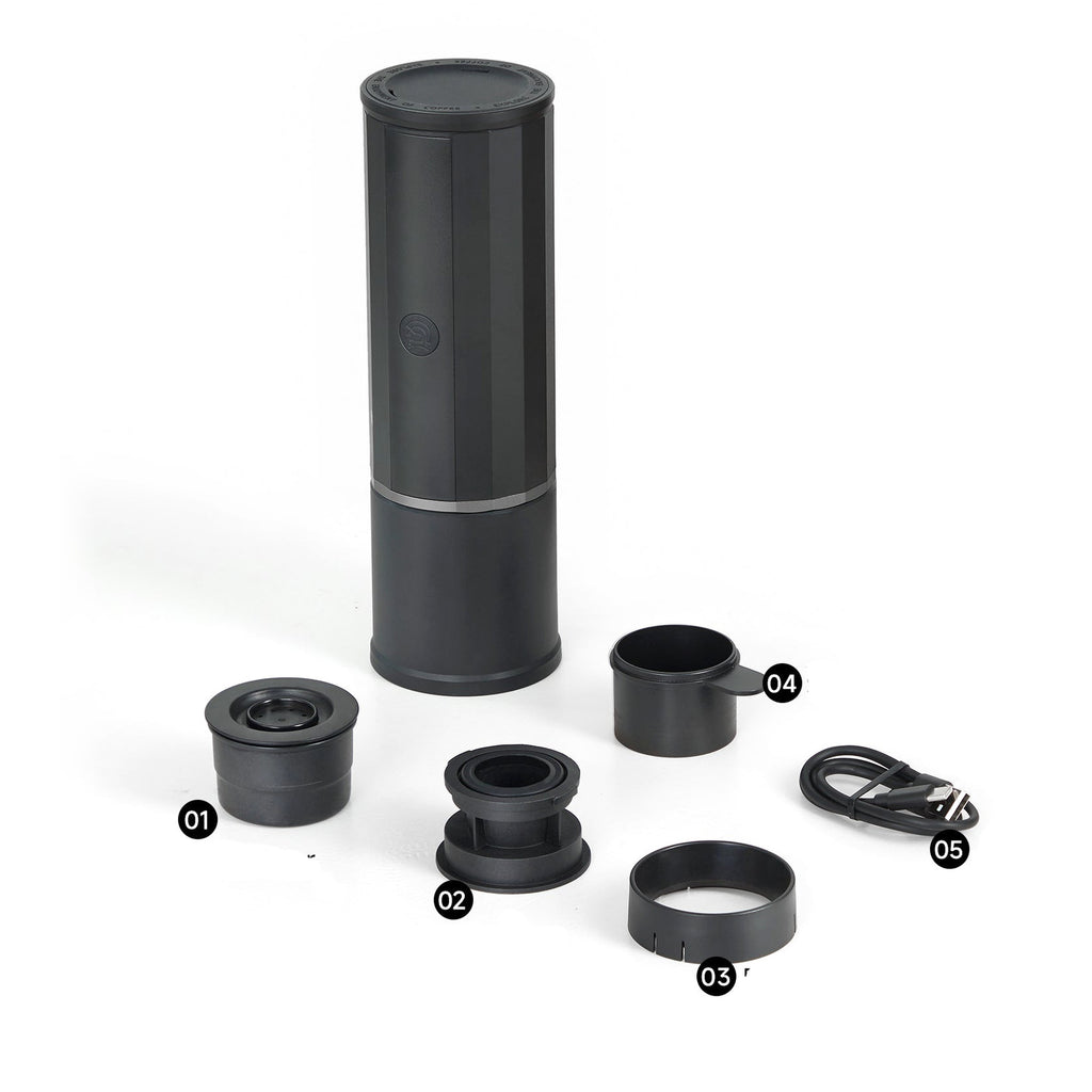 zeroHero Heropresso Heated Edition portable espresso maker in black, front view