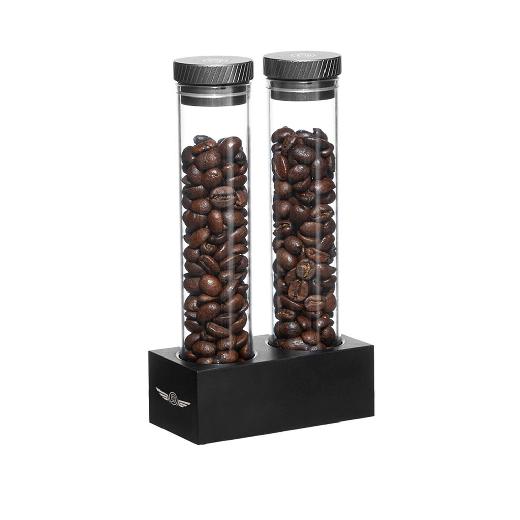 zeroHero Magnetic Bean Cellar Tubes, two tubes of coffee beans on the base