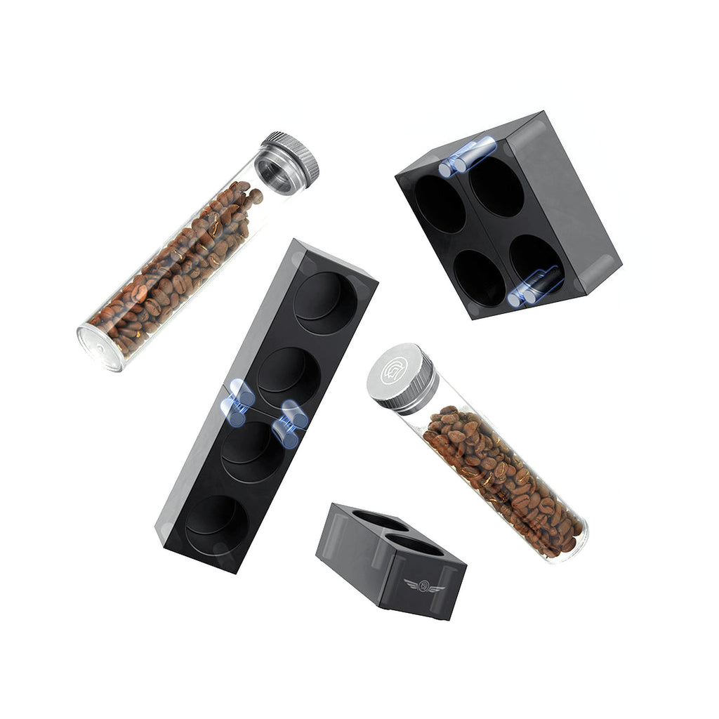 zeroHero Magnetic Bean Cellar Tubes, two tubes of coffee beans on the base